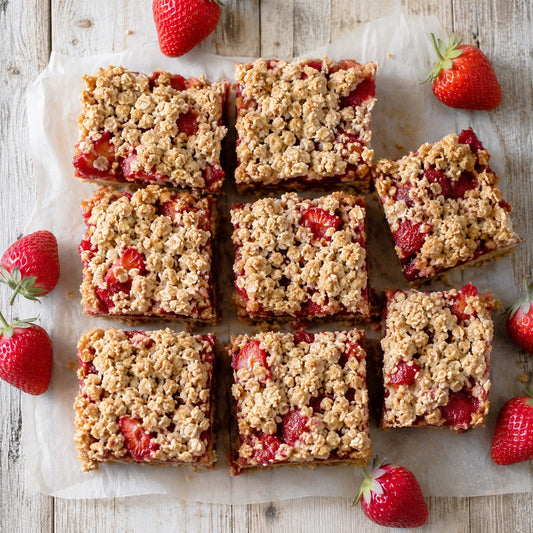 Strawberry oat crumble bars cut into squares with fresh strawberries